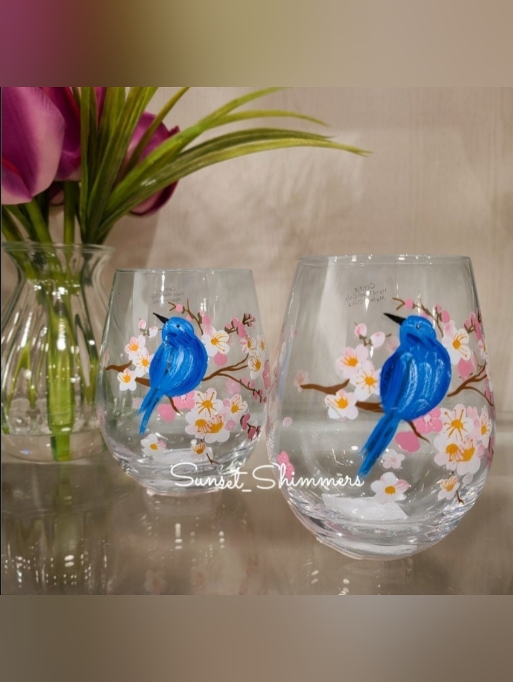 2 Blue Bird / Cherry Blossom Cocktail Wine Glass Set Hand Painted New